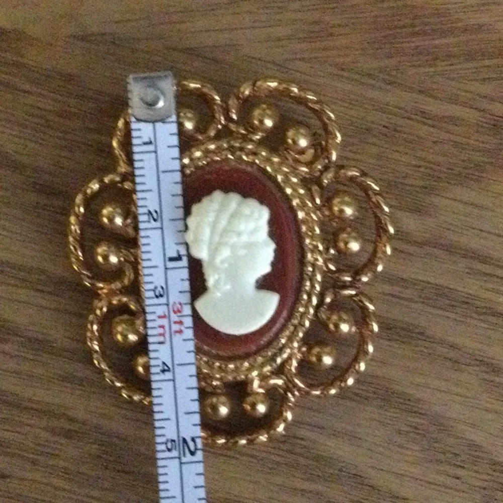 Victorian style antique bronze tone border oval resin Cameo Brooch